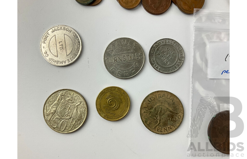 Collection of Australian Currency and Tokens Including 1966 Round Silver Fifty Cent Coin, 1924 Half Penny, 1960's and 70's One and Two Cent Coins, Manly Ferry Tokens and More