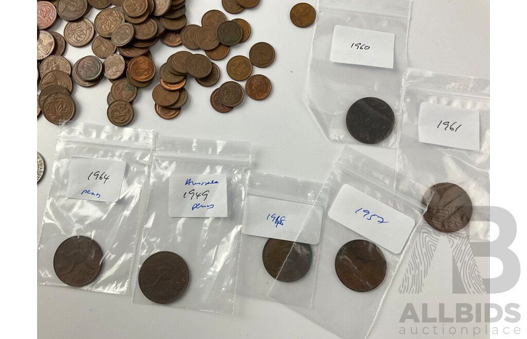 Collection of Australian Currency and Tokens Including 1966 Round Silver Fifty Cent Coin, 1924 Half Penny, 1960's and 70's One and Two Cent Coins, Manly Ferry Tokens and More