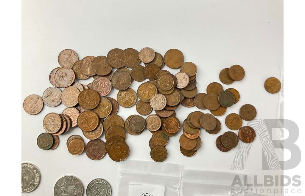 Collection of Australian Currency and Tokens Including 1966 Round Silver Fifty Cent Coin, 1924 Half Penny, 1960's and 70's One and Two Cent Coins, Manly Ferry Tokens and More