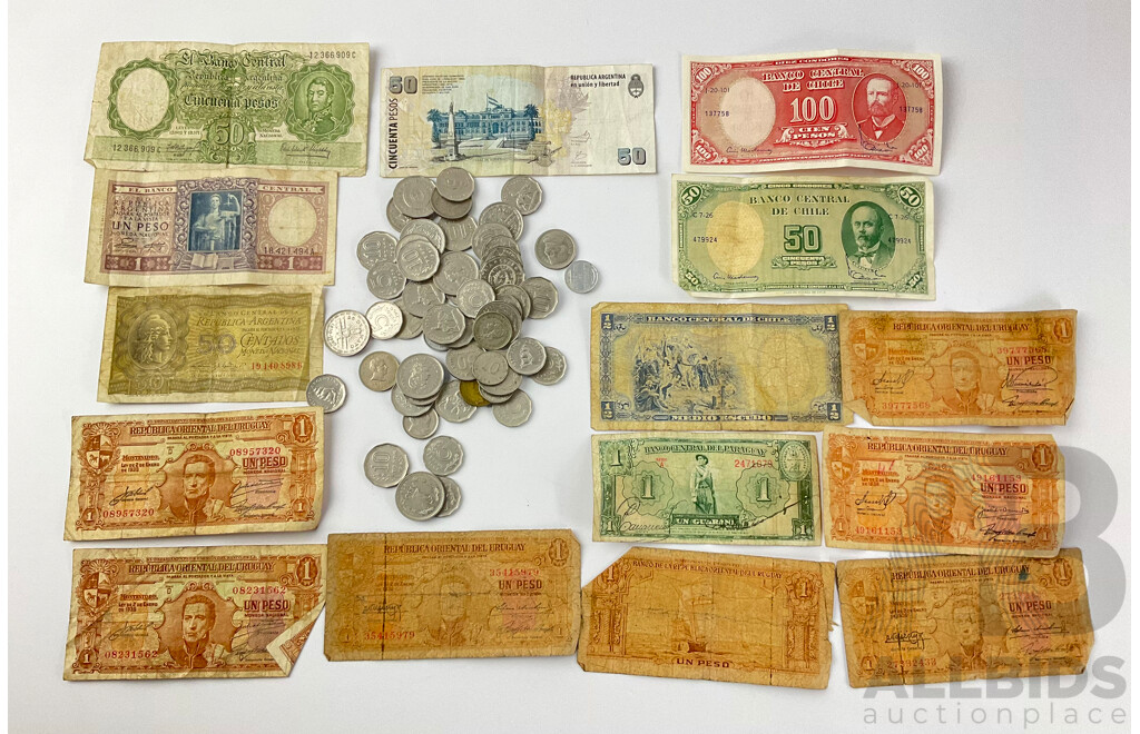 Collection of Vintage South American Currency Including Chile, Argentina, Paraguay and Uruguay