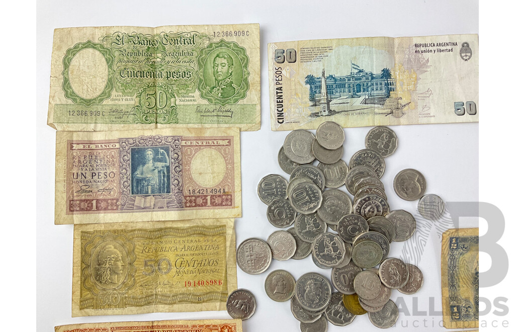 Collection of Vintage South American Currency Including Chile, Argentina, Paraguay and Uruguay