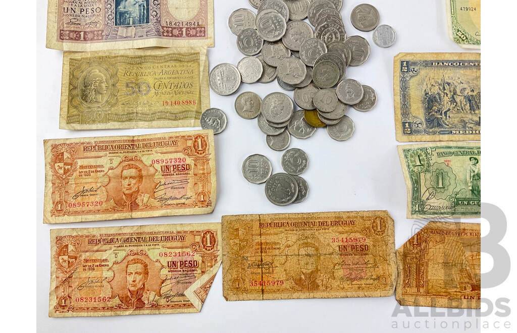 Collection of Vintage South American Currency Including Chile, Argentina, Paraguay and Uruguay