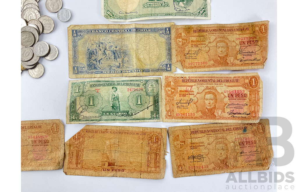 Collection of Vintage South American Currency Including Chile, Argentina, Paraguay and Uruguay