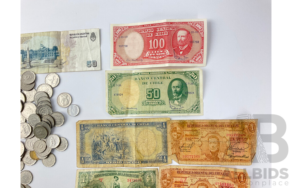 Collection of Vintage South American Currency Including Chile, Argentina, Paraguay and Uruguay