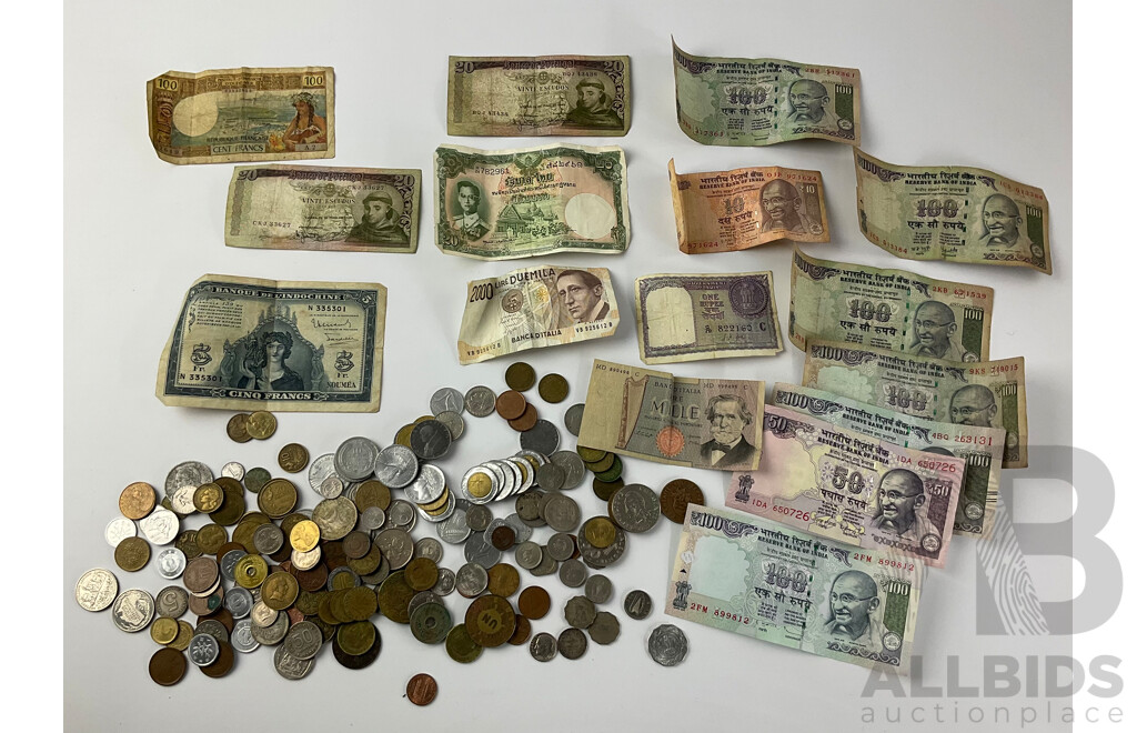 Collection of Vintage Currency Including France, Thailand, Greece, USA, Ceylon, Portugal, Italy New Caledonia and More