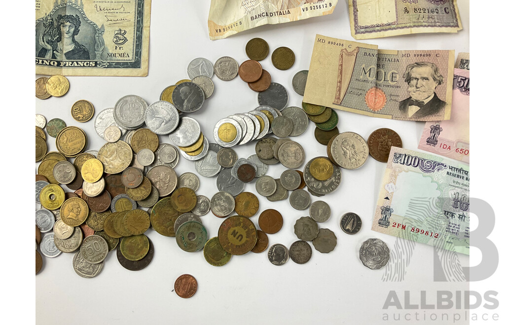 Collection of Vintage Currency Including France, Thailand, Greece, USA, Ceylon, Portugal, Italy New Caledonia and More