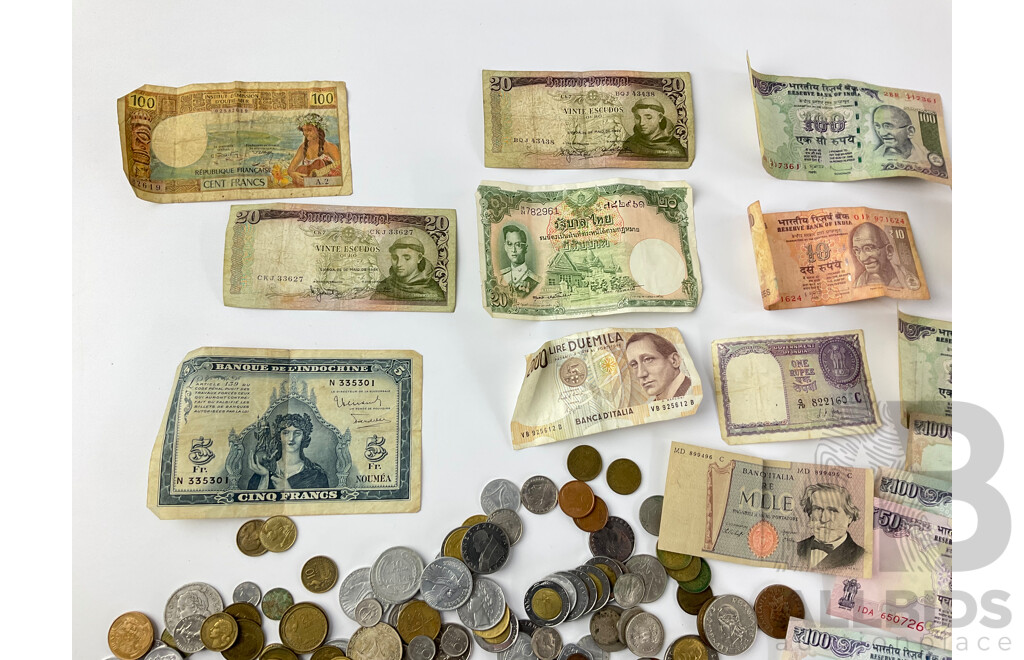 Collection of Vintage Currency Including France, Thailand, Greece, USA, Ceylon, Portugal, Italy New Caledonia and More