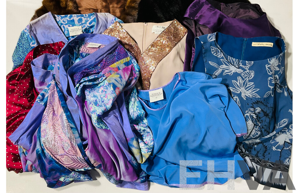 Collection of Vintage Clothing Including Maggie Shepherd Ensemble, Silk Tank, Faux Fur Ellen Tracy Jacket, Fur Stole and More