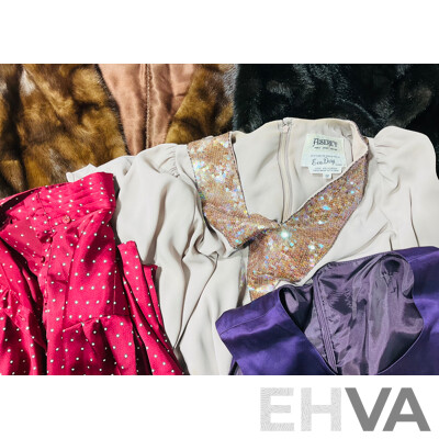 Collection of Vintage Clothing Including Maggie Shepherd Ensemble, Silk Tank, Faux Fur Ellen Tracy Jacket, Fur Stole and More