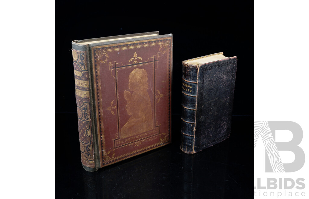 The Book of Common Prayer, Printed by C J Clay, Cambridge University Press, 1856, Leather Bound Hardcover, Along with Antique Edition the Childs Bible, Cassell, Petter, Galpin & Co, Embossed Hardcover