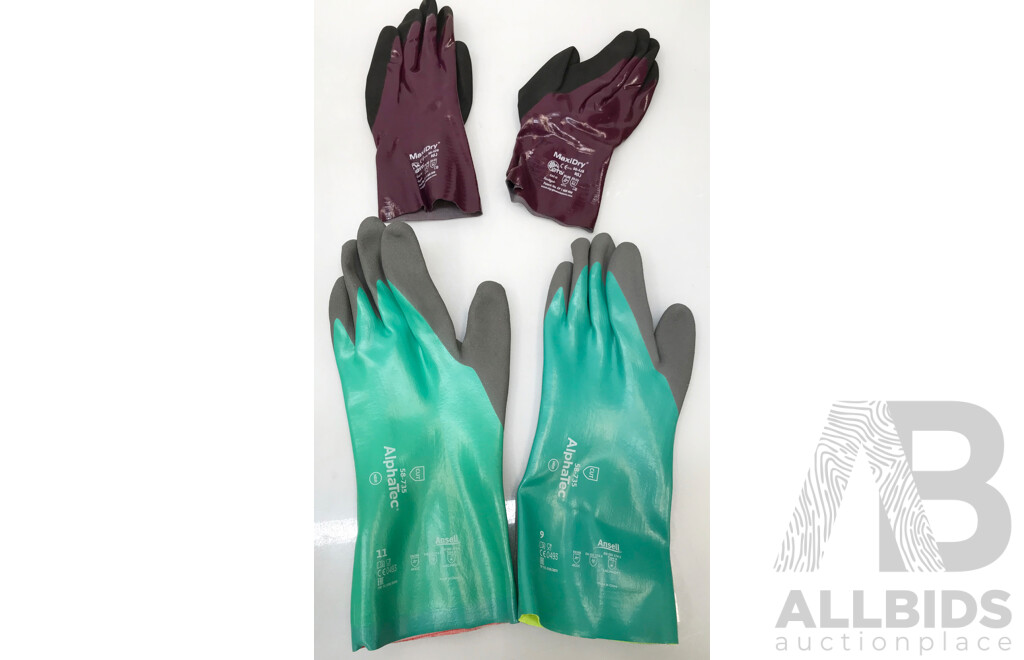 Lot of ATG MaxiDry Gauntlet and Ansell AlphaTec Chemical Resistant Work Gloves