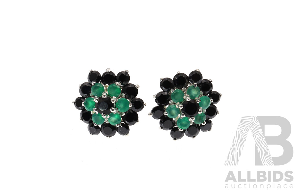 NEW - Sterling Silver Green & Black Onyx Cluster Stud Earrings, 6.9mm Diameter, 5.30 Grams