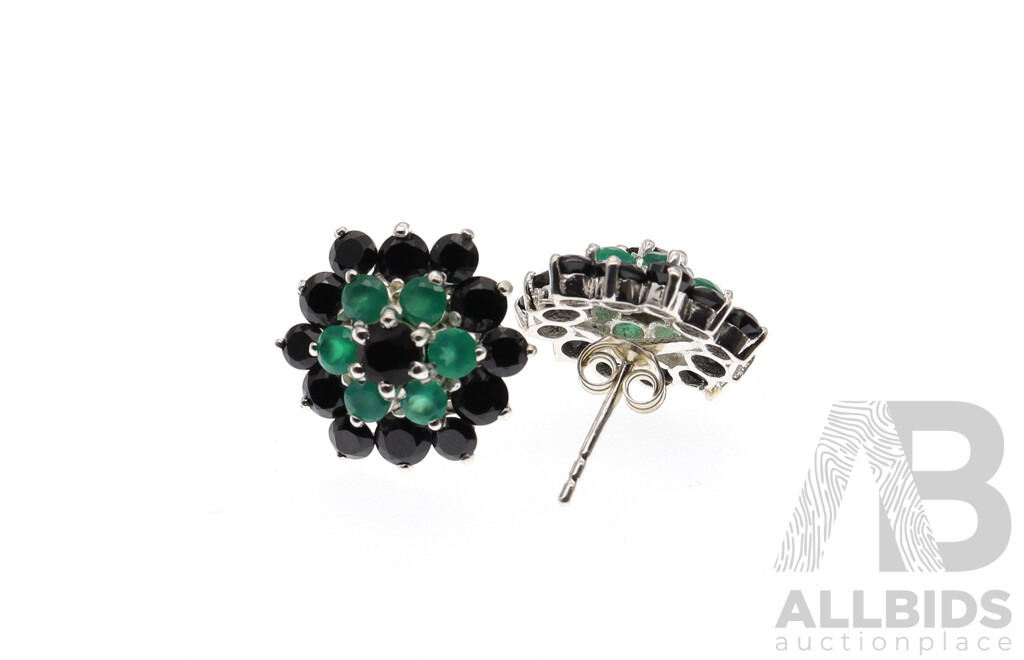 NEW - Sterling Silver Green & Black Onyx Cluster Stud Earrings, 6.9mm Diameter, 5.30 Grams