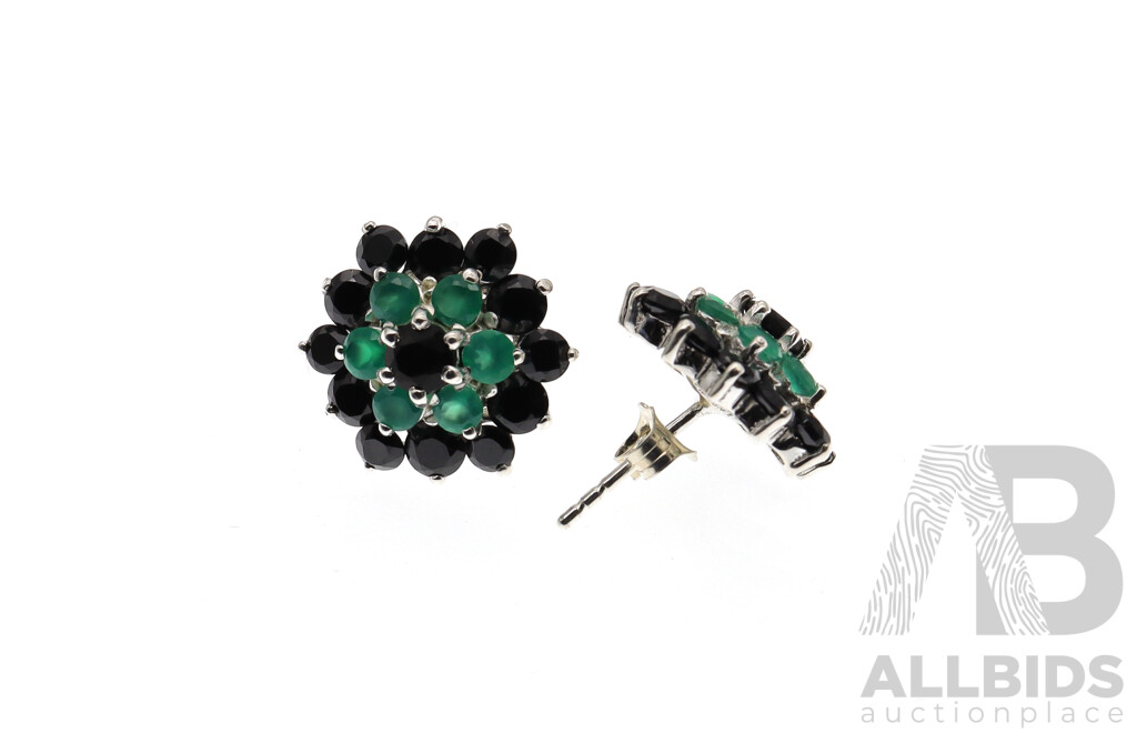 NEW - Sterling Silver Green & Black Onyx Cluster Stud Earrings, 6.9mm Diameter, 5.30 Grams