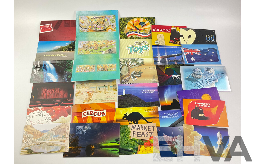 Collection of Australian 1990's and 2000's Stamp Packs Including Australia - Sweden Joint Issue, Wild Babies, Queensland 150 Years, Concession, Legends of the Screen and More