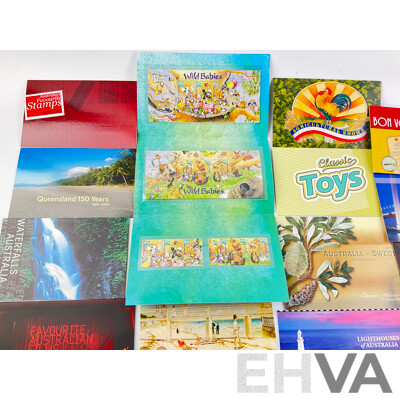 Collection of Australian 1990's and 2000's Stamp Packs Including Australia - Sweden Joint Issue, Wild Babies, Queensland 150 Years, Concession, Legends of the Screen and More