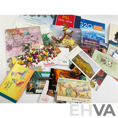 Collection of Australian Stamp Packs Including 2017 Australian Territories Collection, 2016 RSL, 2014 G20, Mythical Creatures, for Special Occasions, Nostalgic Advertisements and More