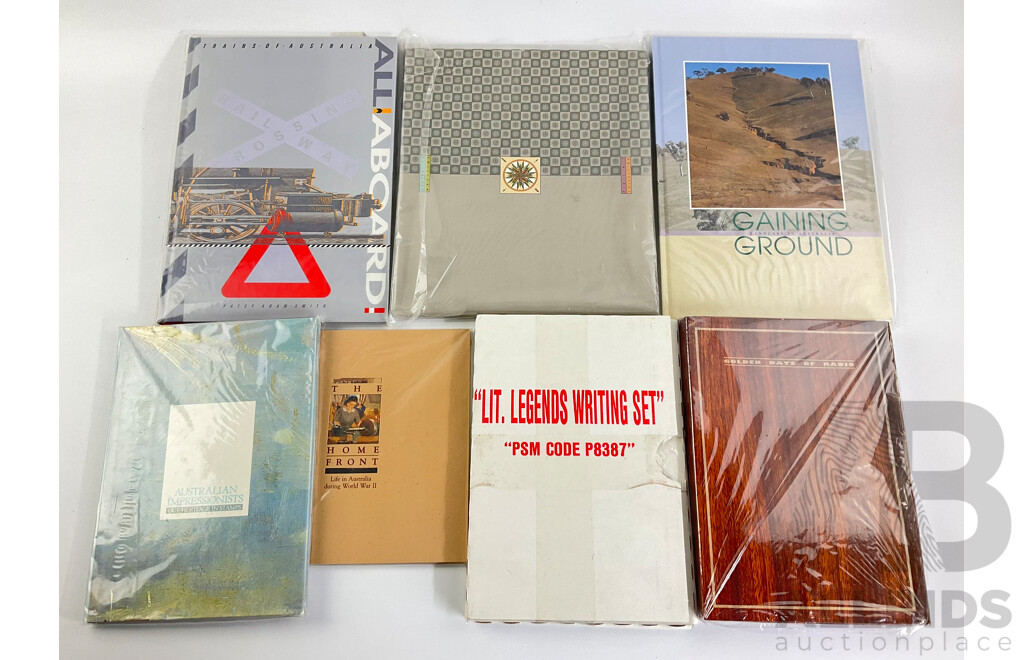 Seven Australian Heritage Stamp Books Including Trains of Australia, Australian Maritime, Gaining Ground, Golden Days of Radio, Legends Writing Set, Home Front, Australian Impressionists