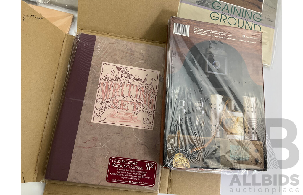Seven Australian Heritage Stamp Books Including Trains of Australia, Australian Maritime, Gaining Ground, Golden Days of Radio, Legends Writing Set, Home Front, Australian Impressionists