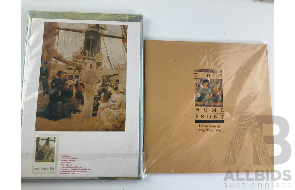 Seven Australian Heritage Stamp Books Including Trains of Australia, Australian Maritime, Gaining Ground, Golden Days of Radio, Legends Writing Set, Home Front, Australian Impressionists