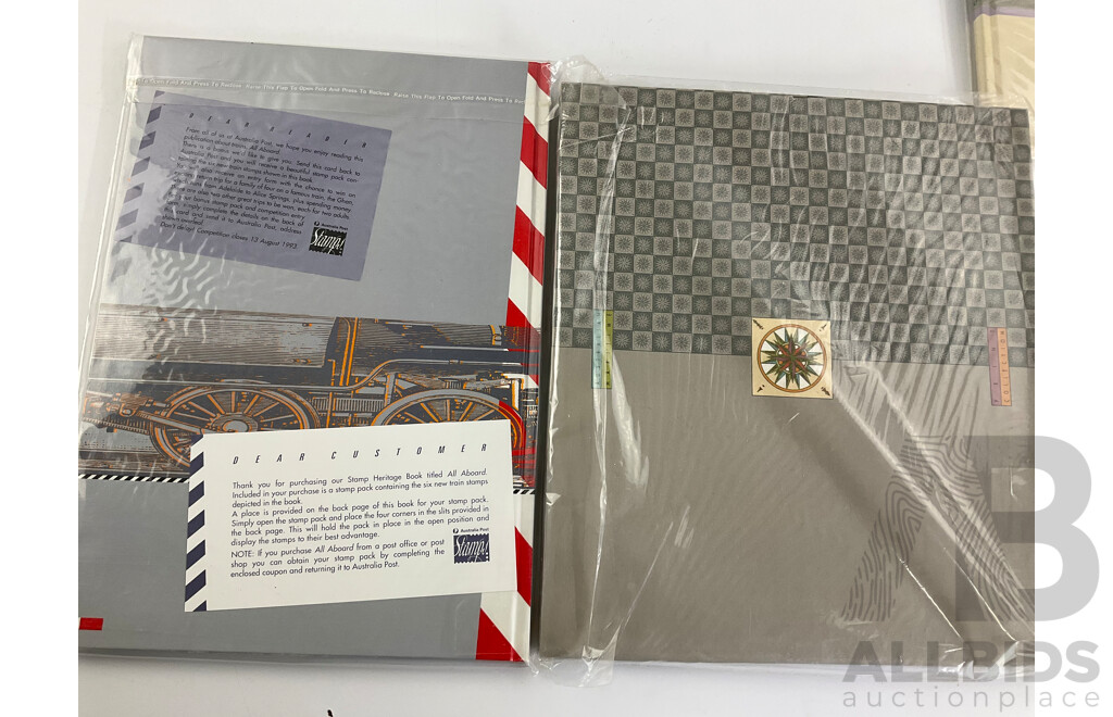 Seven Australian Heritage Stamp Books Including Trains of Australia, Australian Maritime, Gaining Ground, Golden Days of Radio, Legends Writing Set, Home Front, Australian Impressionists