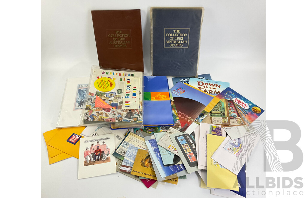 Australian 1970's to 2000's Stamp Packs Including Thomas and Friend, Angry Birds, Down on the Farm, Joint Issue, Stamp Week 1980, Empty 1981, 1982 Annual Albums, Empty 2000 Olympics Coin Folder