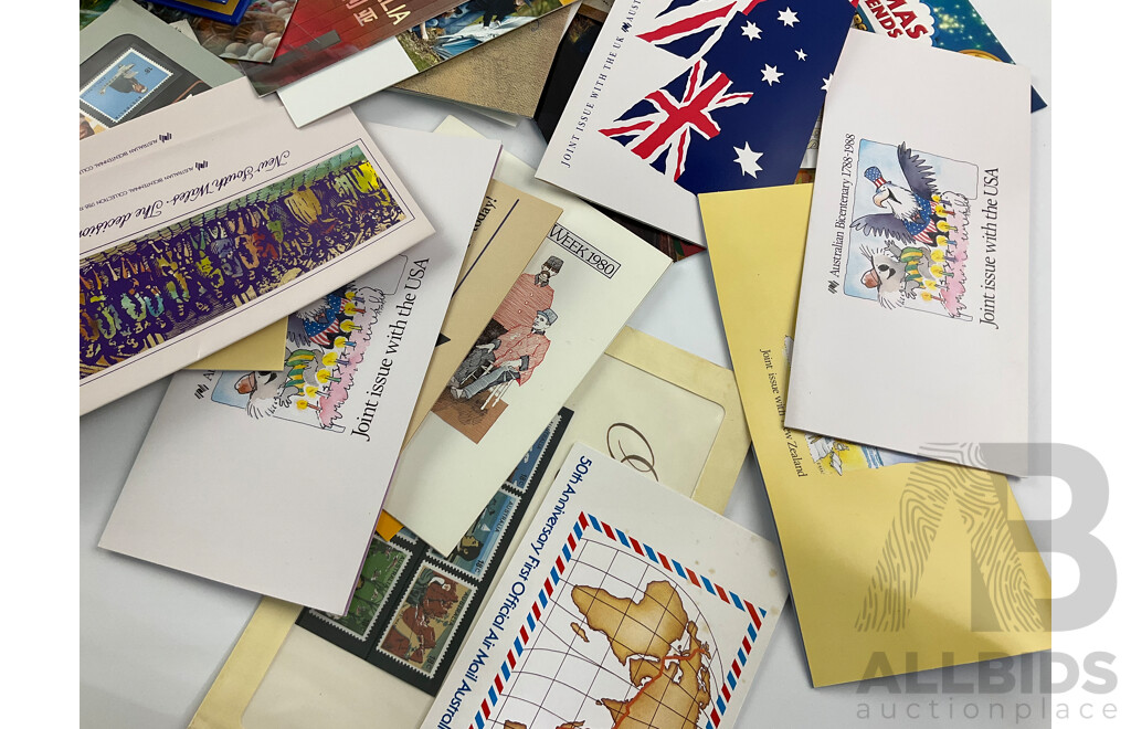 Australian 1970's to 2000's Stamp Packs Including Thomas and Friend, Angry Birds, Down on the Farm, Joint Issue, Stamp Week 1980, Empty 1981, 1982 Annual Albums, Empty 2000 Olympics Coin Folder