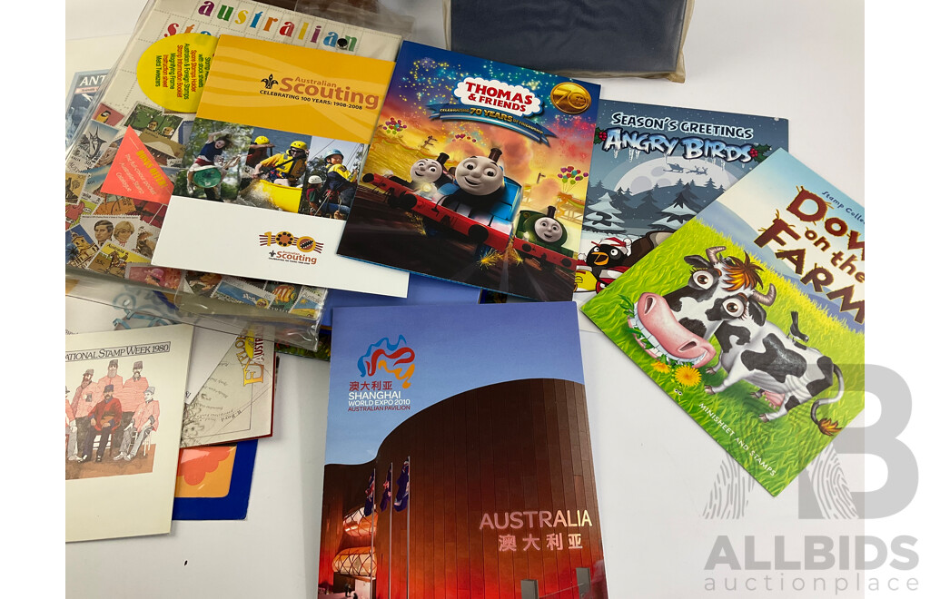 Australian 1970's to 2000's Stamp Packs Including Thomas and Friend, Angry Birds, Down on the Farm, Joint Issue, Stamp Week 1980, Empty 1981, 1982 Annual Albums, Empty 2000 Olympics Coin Folder