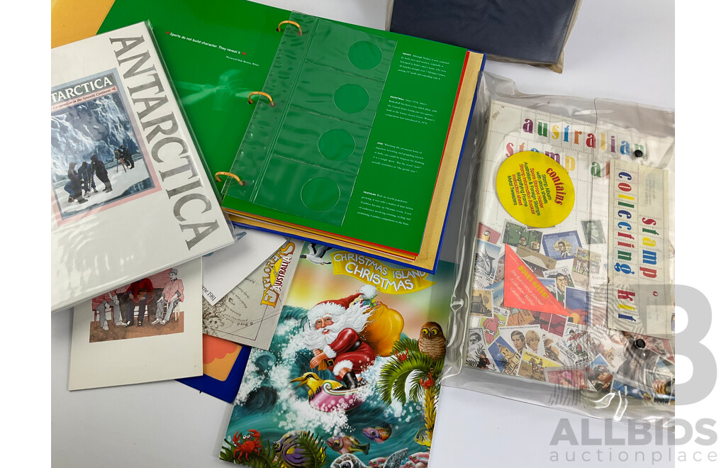 Australian 1970's to 2000's Stamp Packs Including Thomas and Friend, Angry Birds, Down on the Farm, Joint Issue, Stamp Week 1980, Empty 1981, 1982 Annual Albums, Empty 2000 Olympics Coin Folder