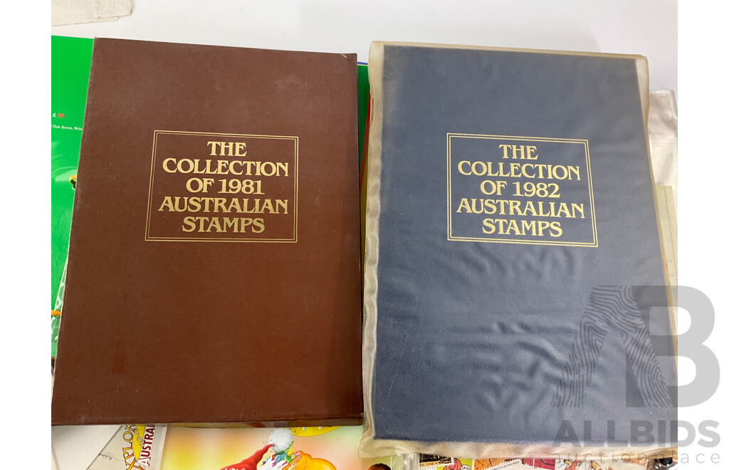 Australian 1970's to 2000's Stamp Packs Including Thomas and Friend, Angry Birds, Down on the Farm, Joint Issue, Stamp Week 1980, Empty 1981, 1982 Annual Albums, Empty 2000 Olympics Coin Folder