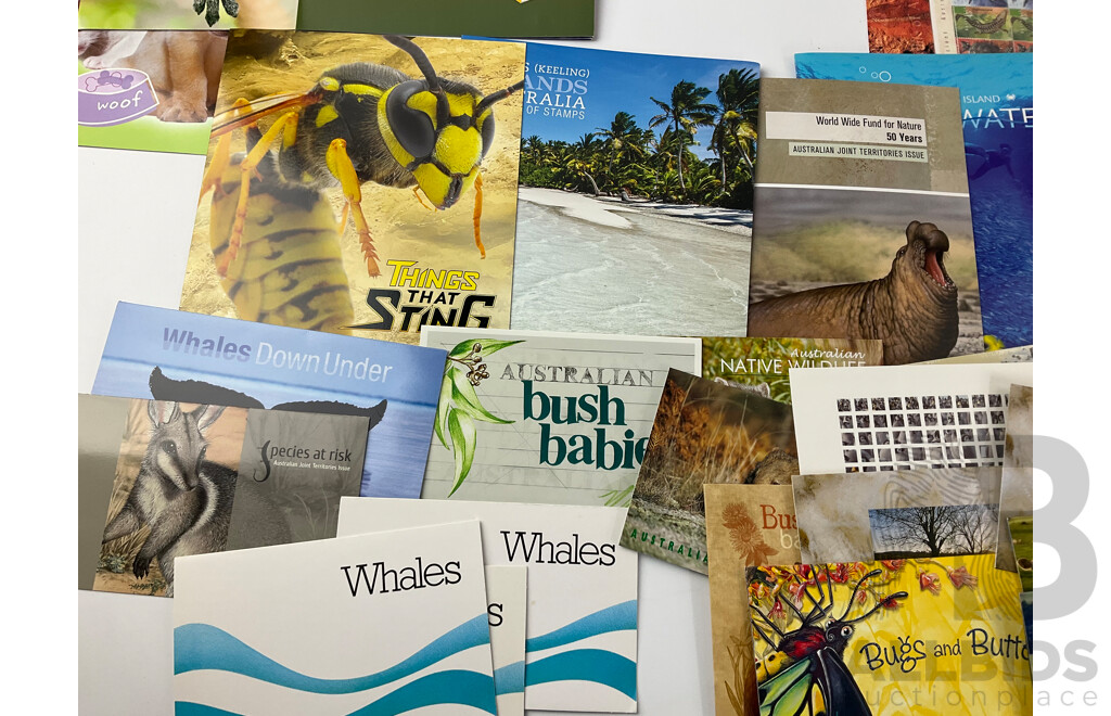 Collection of Australian Stamp Packs, Animal and Marine Themed Including Whales, Great Barrier Reef, Bush Babies, Dolphins of the Australian Coast Line, Threatened Species and More