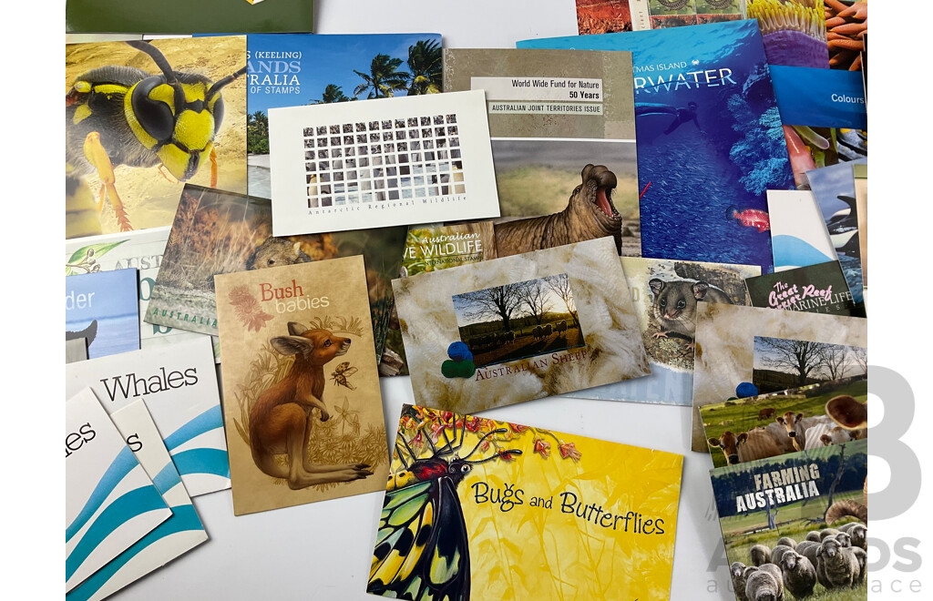 Collection of Australian Stamp Packs, Animal and Marine Themed Including Whales, Great Barrier Reef, Bush Babies, Dolphins of the Australian Coast Line, Threatened Species and More