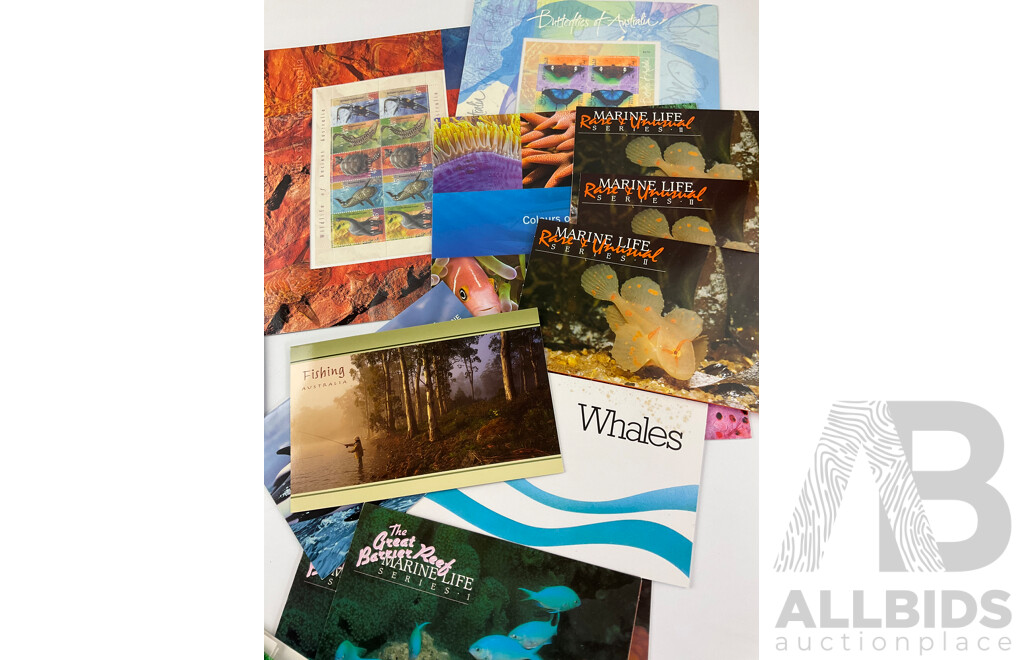 Collection of Australian Stamp Packs, Animal and Marine Themed Including Whales, Great Barrier Reef, Bush Babies, Dolphins of the Australian Coast Line, Threatened Species and More