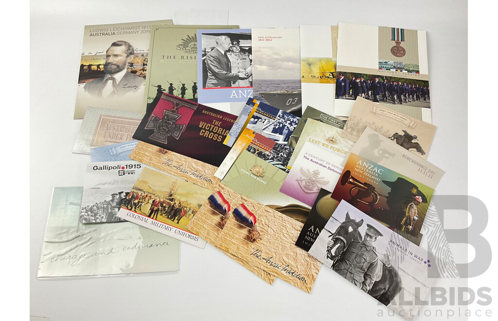 Collection of Australian Stamp Packs, Defence Force and War Themed Including Australians Under Fire, Gallipoli 1915. ANZAC Tradition, Battle of Beersheba and More