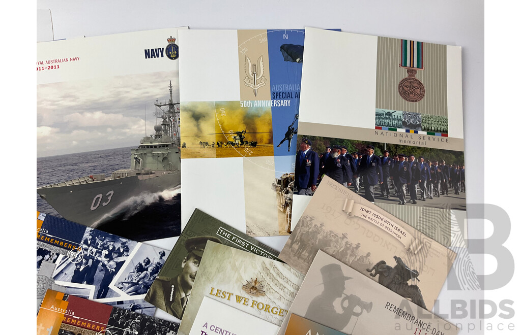 Collection of Australian Stamp Packs, Defence Force and War Themed Including Australians Under Fire, Gallipoli 1915. ANZAC Tradition, Battle of Beersheba and More