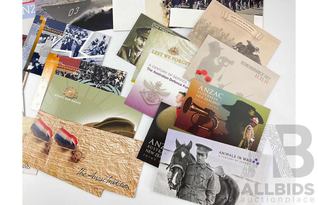 Collection of Australian Stamp Packs, Defence Force and War Themed Including Australians Under Fire, Gallipoli 1915. ANZAC Tradition, Battle of Beersheba and More