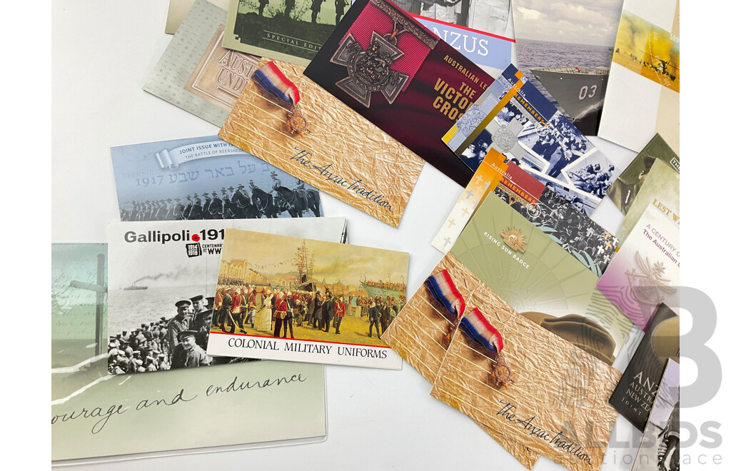 Collection of Australian Stamp Packs, Defence Force and War Themed Including Australians Under Fire, Gallipoli 1915. ANZAC Tradition, Battle of Beersheba and More