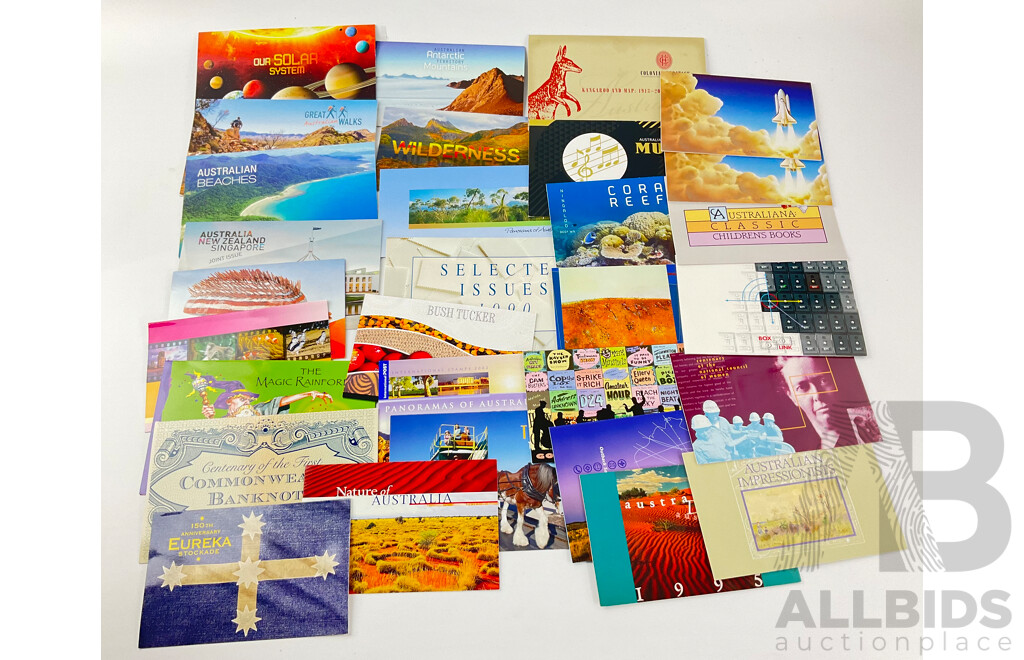 Collection of Australian Stamp Packs Nature Themes Including Panorama Australia, Wilderness Australia, Beaches, Great Walks, Coral Reefs, Outback Services, Joint Issues and More