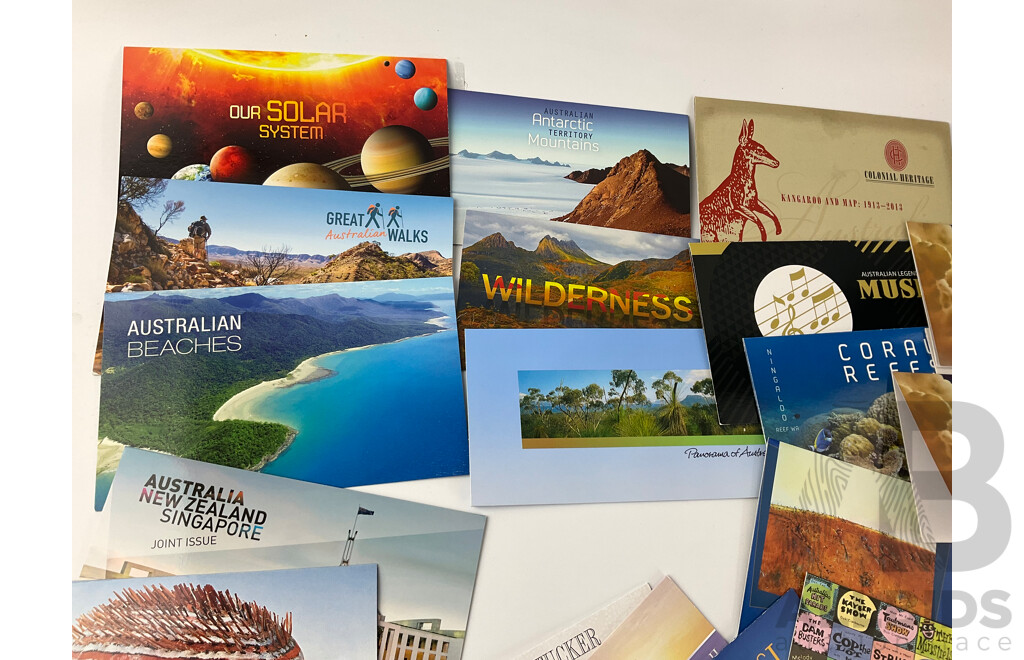 Collection of Australian Stamp Packs Nature Themes Including Panorama Australia, Wilderness Australia, Beaches, Great Walks, Coral Reefs, Outback Services, Joint Issues and More