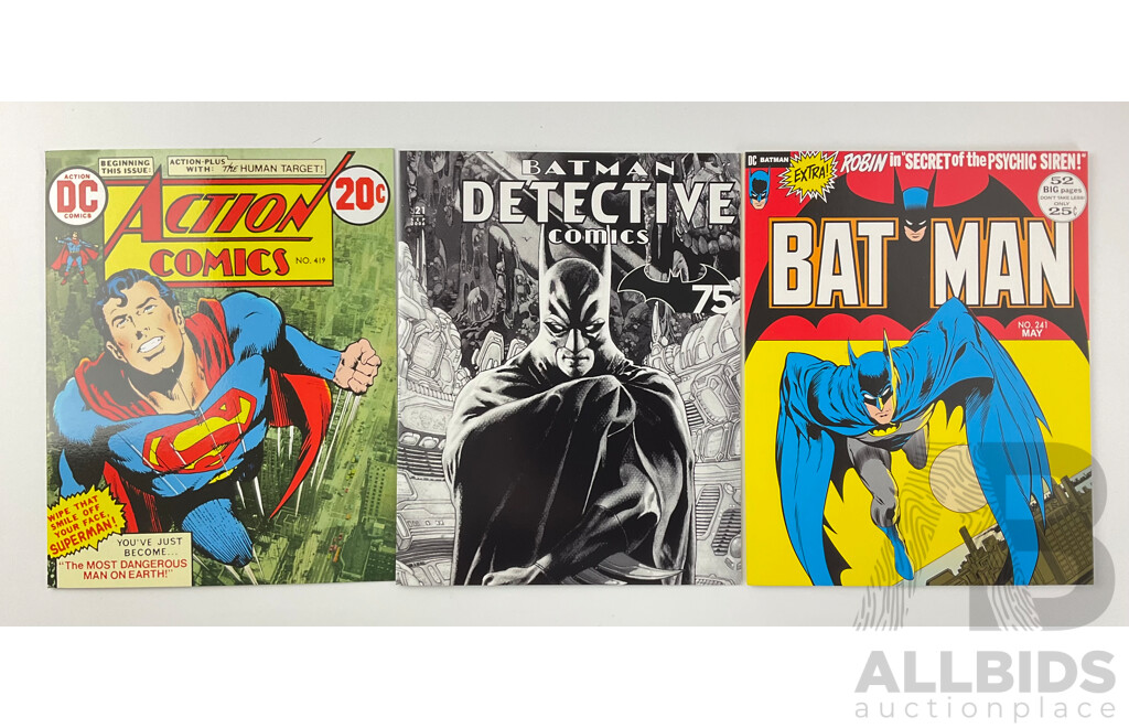 Australian Super Man and Batman Stamp Packs, Batman Detective Comics, Batman Robin in ''Secret of the Psychic Siren'' and Superman Action Comics