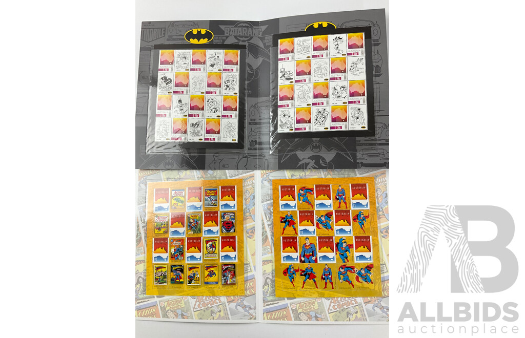 Australian Super Man and Batman Stamp Packs, Batman Detective Comics, Batman Robin in ''Secret of the Psychic Siren'' and Superman Action Comics