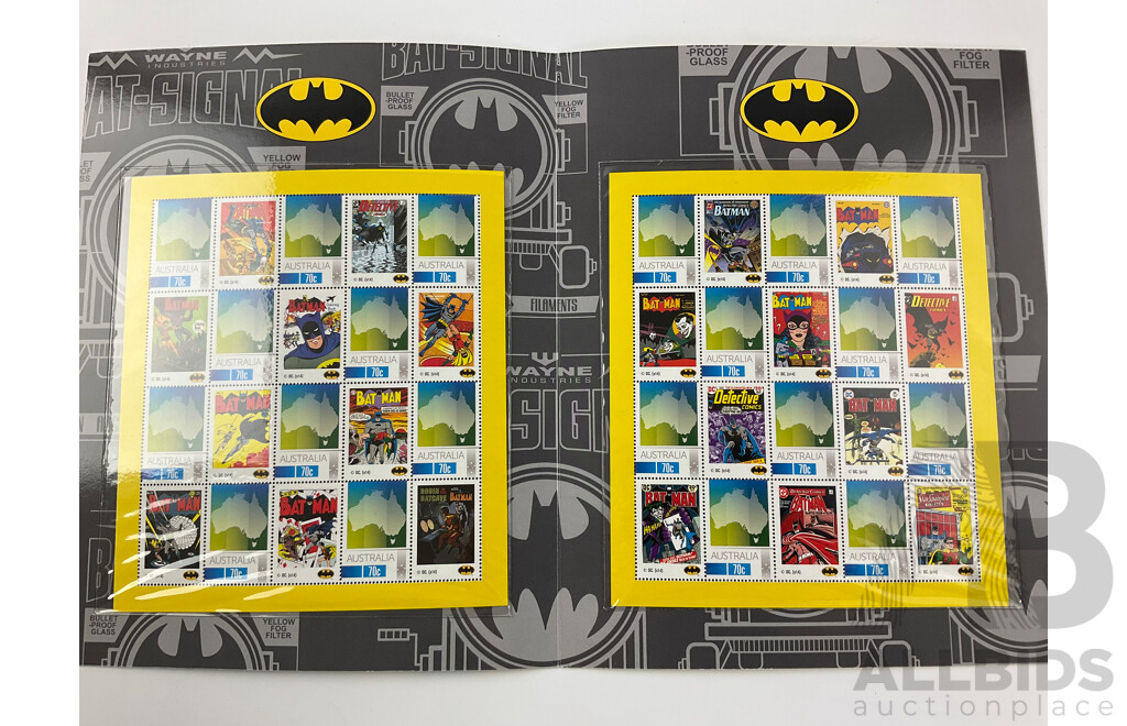 Australian Super Man and Batman Stamp Packs, Batman Detective Comics, Batman Robin in ''Secret of the Psychic Siren'' and Superman Action Comics