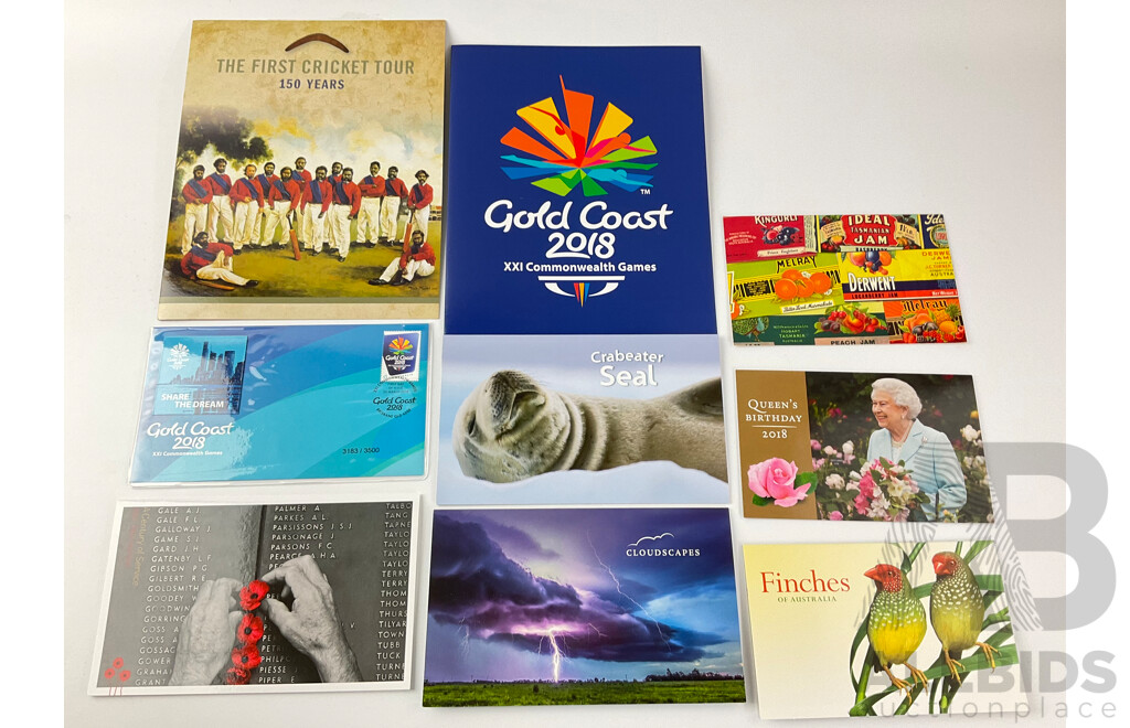 Australian 2018 Stamp Packs and First Day Cover Including Crab Eater Seal, Gold Coast Commonwealth Games, Century of Service, First Cricket Tour and More