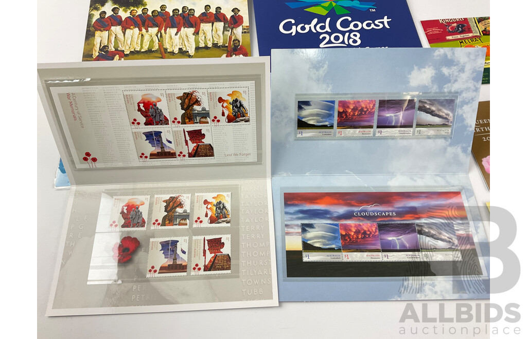 Australian 2018 Stamp Packs and First Day Cover Including Crab Eater Seal, Gold Coast Commonwealth Games, Century of Service, First Cricket Tour and More