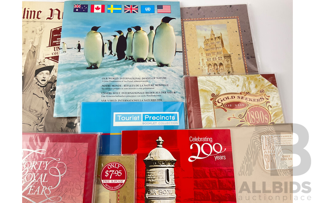 Collection of Australia Post Stamp Packs Including Headline News, Things That Sting, Forty Royal Years, Our World, White Ensign, Art of Our Country, Boom Time, Gold Seekers, the Pastoral Era