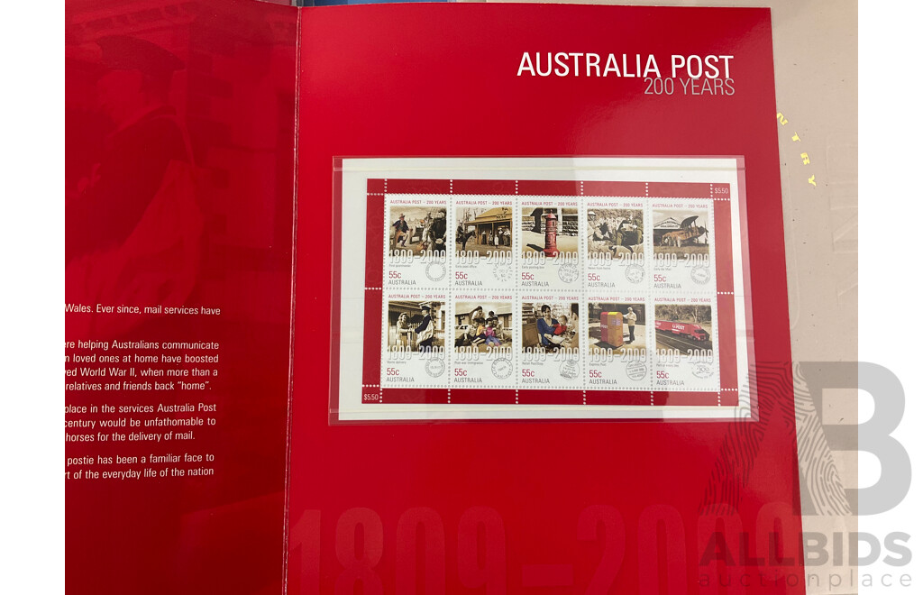 Collection of Australia Post Stamp Packs Including Headline News, Things That Sting, Forty Royal Years, Our World, White Ensign, Art of Our Country, Boom Time, Gold Seekers, the Pastoral Era