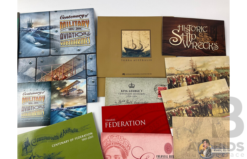 Collection of Australian Stamp Packs, Military, Colonial and Maritime Themes Including Historic Shipwrecks, Terra Australis, Towards Federation and More - Face Value Over $100