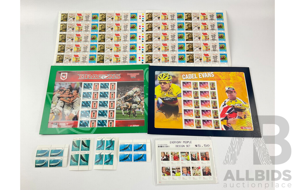 Australian Stamp Sheets and Blocks Including 1985 Classic Children Books, 2009 Everyday People, Humpback, Blue, Southern and Sperm Whales, 2010 NRL Dragons and 2011 Cadel Evans