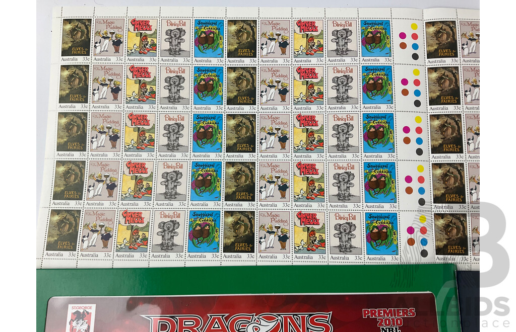 Australian Stamp Sheets and Blocks Including 1985 Classic Children Books, 2009 Everyday People, Humpback, Blue, Southern and Sperm Whales, 2010 NRL Dragons and 2011 Cadel Evans