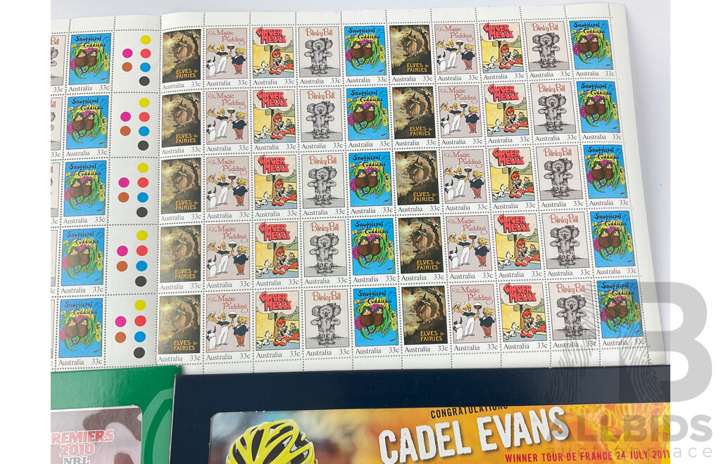 Australian Stamp Sheets and Blocks Including 1985 Classic Children Books, 2009 Everyday People, Humpback, Blue, Southern and Sperm Whales, 2010 NRL Dragons and 2011 Cadel Evans